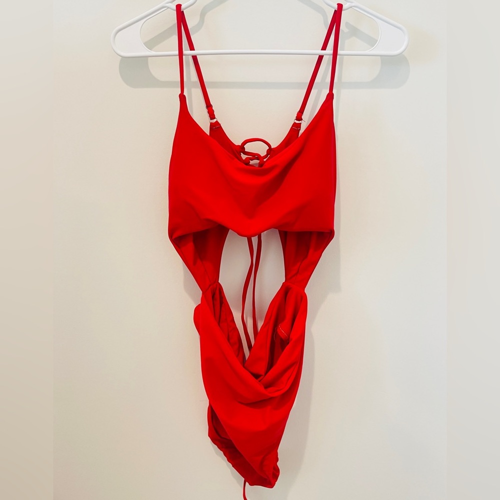 Bondi Suit, Size XL, Red 1 Piece Bathing Suit, cut out front & Back